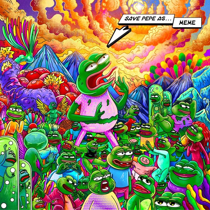 A vibrant psychedelic illustration features Pepe the Frog as a central deity-like figure elevated above a crowd of his various forms, with a speech bubble reading "SAVE PEPE AS... MEME." The chaotic, cult-like scene of worshipful Pepes reflects the "gm" (good morning) post by depicting a meme religion where the classic frog icon is enshrined as the ultimate meme to be preserved.