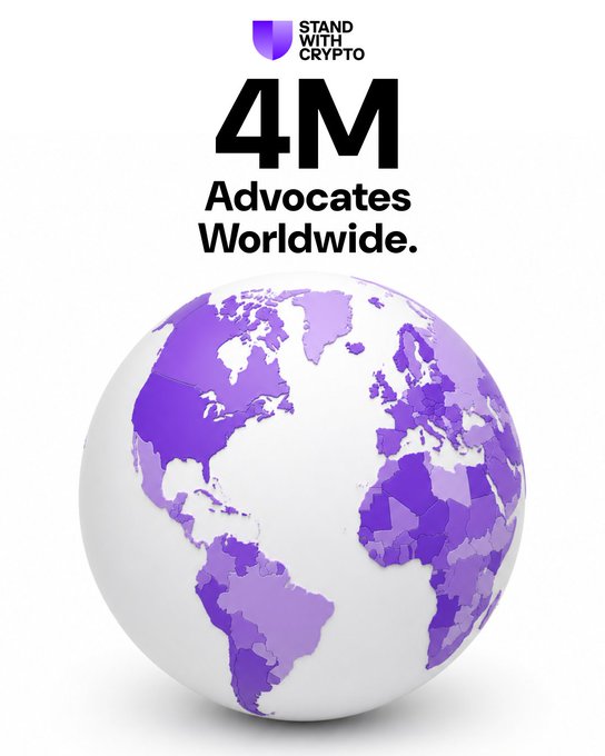 A promotional graphic for "Stand With Crypto" featuring a purple and white globe with the text "4M Advocates Worldwide." prominently displayed.