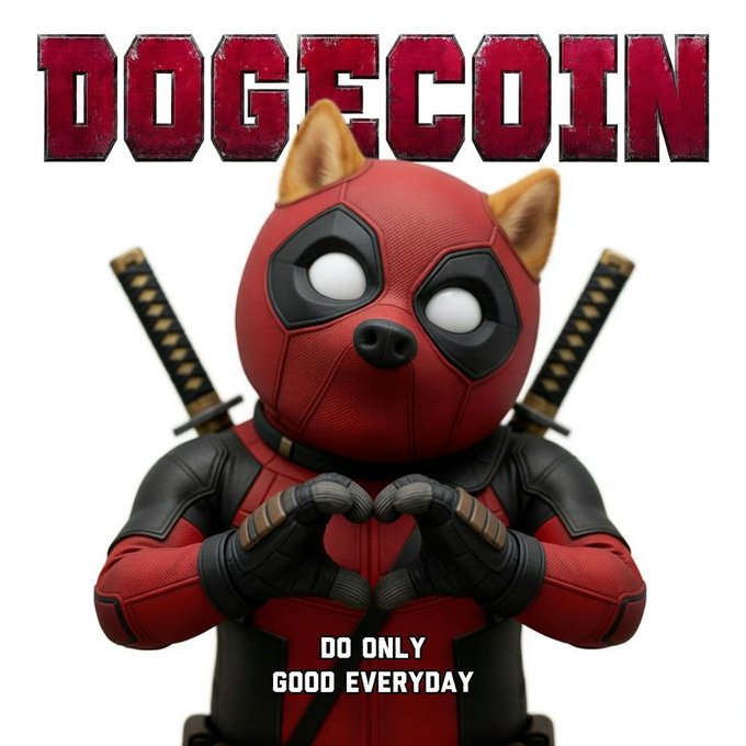 The image features a cartoon character dressed as a red-clad superhero with a dog's head on his chest, holding a sword in one hand and a heart in the other. The text "Do only good everyday" is written below him. This image appears to be related to the post about DOGEcoin that emphasizes the importance of spreading positivity and doing good for others.