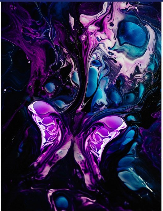 An abstract fluid art composition featuring swirling patterns of deep purple, magenta, and teal blue with white highlights on a dark background.