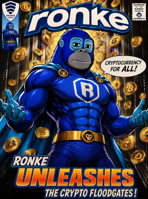 A comic book cover titled 'ronke' featuring a muscular blue gorilla superhero with an 'R' on its chest, surrounded by golden cryptocurrency coins, with text reading 'CRYPTOCURRENCY FOR ALL!' and 'RONKE UNLEASHES THE CRYPTO FLOODGATES!', stamped 'APPROVED BY THE RONKE COUNCIL AUTHORITY' by Draper Comics.