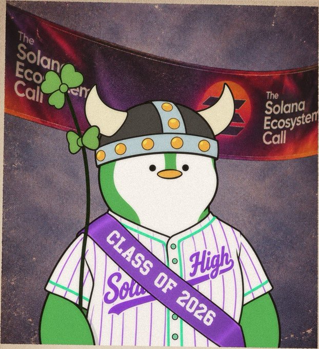 A cartoon image of a penguin mascot wearing a viking helmet and a baseball jersey that reads 'High Soul', with a 'CLASS OF 2026' sash, standing in front of a 'Solana Ecosystem Call' banner.