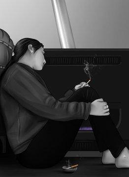 A grayscale digital illustration of a young woman sitting on the floor smoking a cigarette, with an ashtray nearby and what appears to be a gaming chair or sofa behind her.