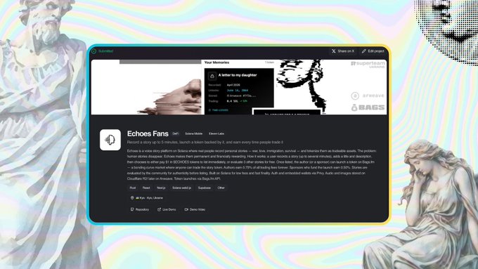 The image shows a SoundCloud-style interface for "Echoes Fans," a Solana-based platform where users can tokenize and trade personal audio stories, featuring an example track titled "A letter to my daughter" by Sobana on April 2026, which aligns with the post about turning life narratives into digital assets.