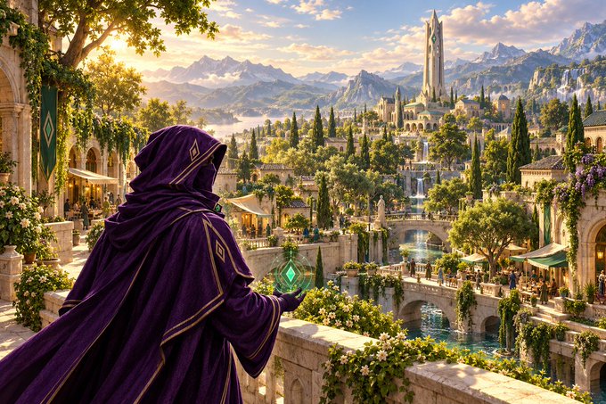 A fantasy digital artwork featuring a hooded figure in purple robes holding a glowing green crystal, overlooking a lush elven-style city with bridges, waterfalls, and a distant white tower.
