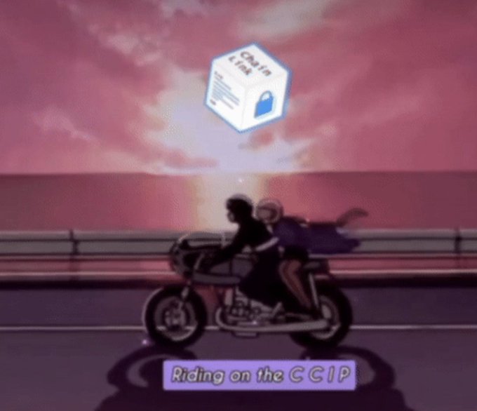 Stylized illustration of a silhouetted figure on a motorcycle with a "ChainLink" cube floating above, captioned "Riding on the CCIP" (Cross-Chain Interoperability Protocol).