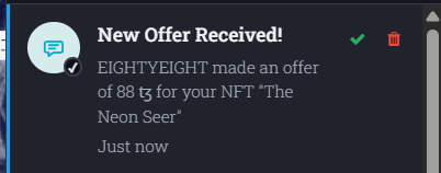 A notification banner displays 'New Offer Received!' with text indicating 'EIGHTYEIGHT made an offer of 88 tǝ for your NFT "The Neon Seer" Just now'.