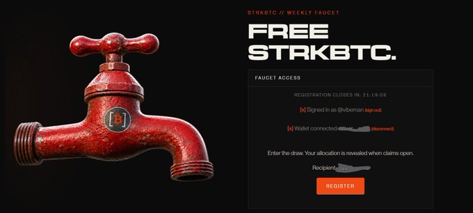 Promotional webpage for a 'STRKBTC // WEEKLY FAUCET' offering 'FREE STRKBTC', featuring a large red faucet graphic with a 'B!' badge and a registration form on the right.