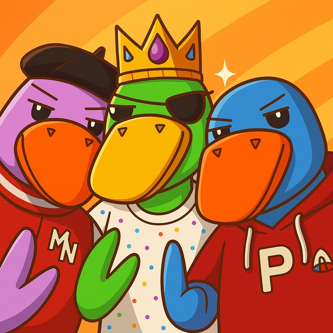 A vibrant cartoon-style drawing of three bird-like characters (purple, green, and blue) wearing a cap, crown, and backward cap respectively, with stylized letter designs on their red shirts.