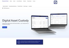 A webpage screenshot showing a 'Digital Asset Custody' service with a New York's FinTech Innovation Lab badge and images of financial software dashboards.