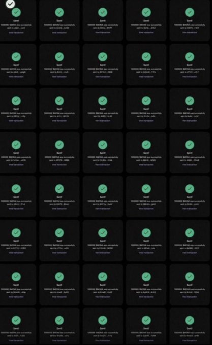 The image shows a grid of identical green checkmark "Sent" confirmation notifications for $104 transactions, visually reinforcing the Solana airdrop promise in the post by depicting multiple successful payouts to various wallet addresses, though it appears to be a generic screenshot rather than proof of actual distribution.