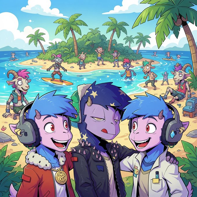 A colorful cartoon illustration of purple-skinned demon-like characters with horns enjoying a tropical beach, with three main characters in the foreground wearing headphones and casual attire while others surf and play in the background.