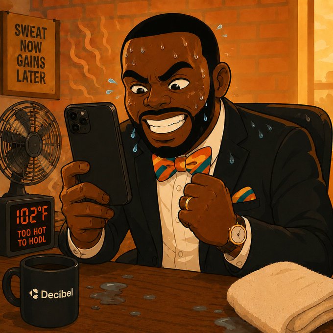A cartoon illustration of a sweating man in a suit gripping a phone at a hot desk with a 'Decibel' mug, a fan, a 'SWEAT NOW GAINS LATER' poster, and a thermometer reading '102°F TOO HOT TO HOOL'.