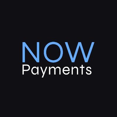 A simple logo for 'NOW Payments' displayed in blue and gray text against a black background.