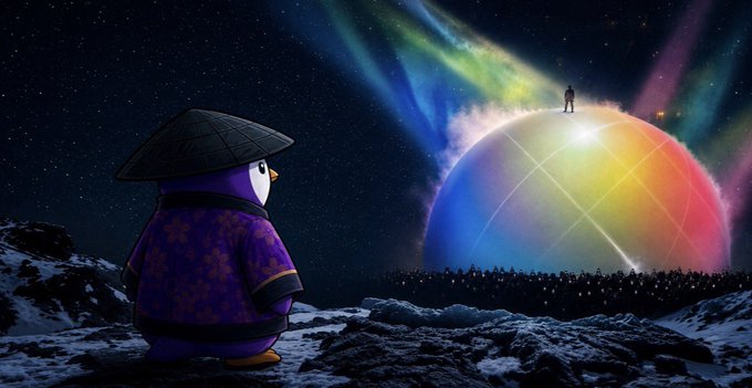 A digital artwork showing a penguin wearing a conical hat and purple robe watching a figure stand atop a glowing dome with colorful auroras in the night sky.
