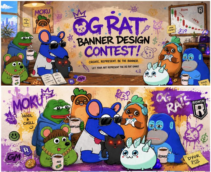Promotional graphic for an 'OG RAT BANNER DESIGN CONTEST' featuring colorful cartoon animal characters (mokuri, dog, gorilla, cat) in a graffiti-style banner format.