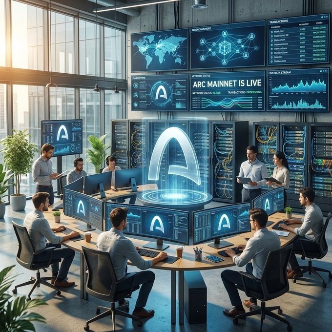 A futuristic office scene with multiple people working at computer terminals displaying the 'A' logo, with a large holographic 'A' symbol in the center and screens showing 'ARC MAINNET IS LIVE'.
