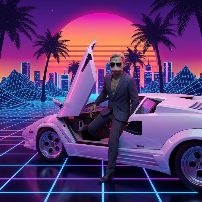 A man in a grey suit and sunglasses stepping out of a white Lamborghini with scissor doors open, set against a retro-futuristic neon grid background with palm trees and a cityscape.