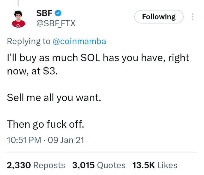 A tweet from verified user SBF (@SBF_FTX) replying to @coinmamba: 'I'll buy as much SOL has you have, right now, at $3. Sell me all you want. Then go fuck off.' Timestamped 10:51 PM, 09 Jan 21, with 13.5K likes.