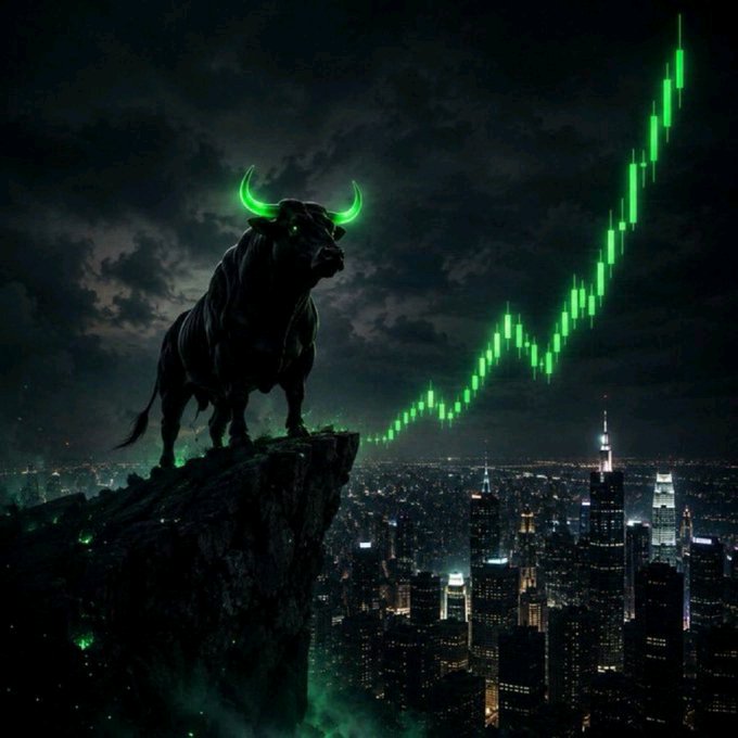 A dark, stylized digital artwork featuring a black bull with glowing green horns standing on a cliff overlooking a city skyline at night, with a rising green stock chart in the background.
