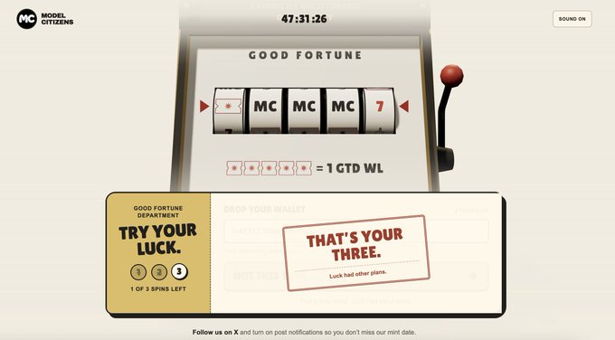 The image shows a "Good Fortune" slot machine by Model Citizens displaying "MC MC MC 7" with the result "THAT'S YOUR THREE," indicating all spins have been used (1 of 3 spins left shown as depleted), aligning with the post about exhausting their luck after multiple spins on a wallet.