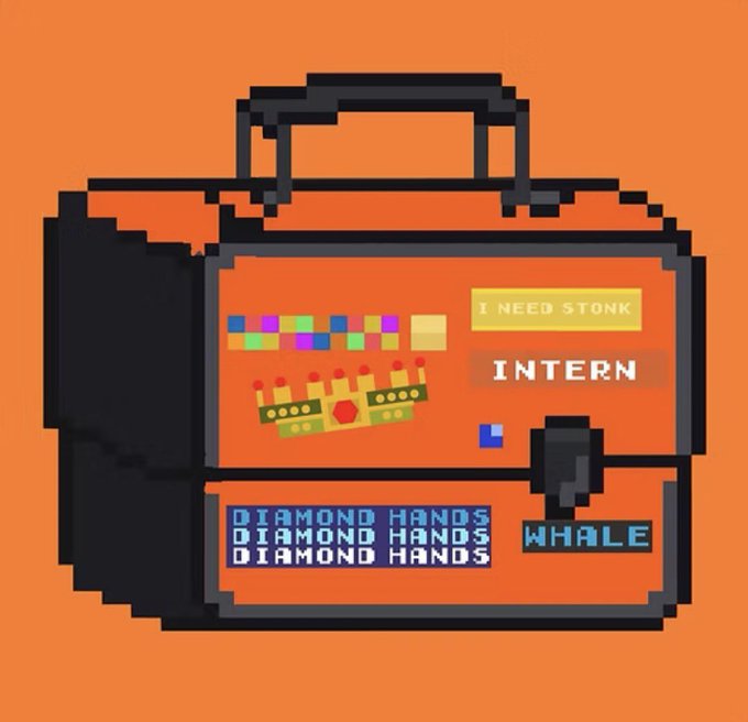 A pixel art orange briefcase labeled "DIAMOND HANDS" and "WHALE" contains StonkBrokers trading materials, including "I NEED STONK" and "INTERN" tags, symbolizing the legacy portfolio the poster plans to pass down to their daughter's interns.