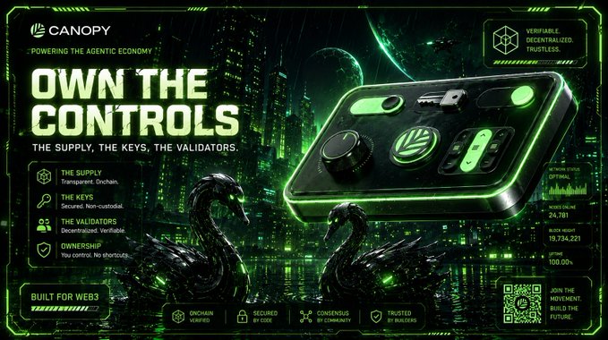 A green-tinted promotional banner for 'Canopy - Powering the Agentic Economy' features the slogan 'OWN THE CONTROLS - THE SUPPLY, THE KEYS, THE VALIDATORS' alongside an image of a hardware wallet, swans, and blockchain statistics.