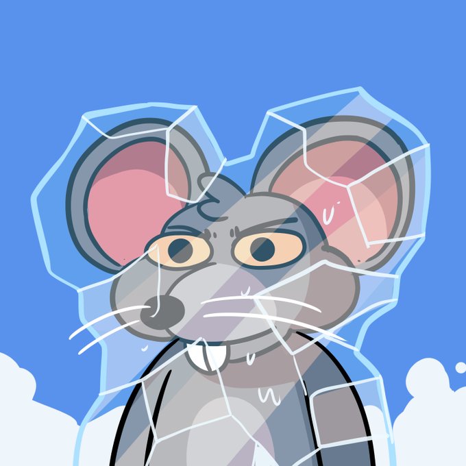 A cartoon illustration of an angry-looking gray mouse or rat trapped inside cracked glass or ice, with sweat drops visible against a blue sky background.