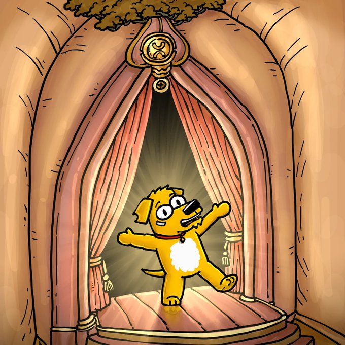 A cartoon illustration shows a cheerful yellow dog emerging from between pink curtains on a small stage, illuminated by a spotlight.