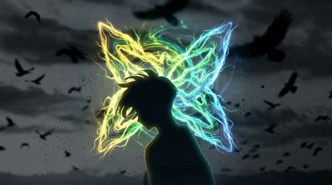 A silhouette of a character with glowing, colorful butterfly-like wings in yellow, green, and blue against a dark, cloudy sky filled with flying birds.