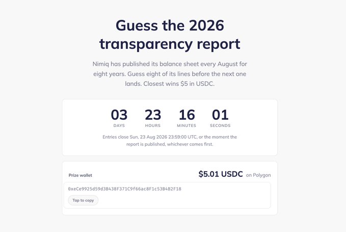 A webpage for a contest titled 'Guess the 2026 transparency report' by Nimiq, featuring a countdown timer and a prize wallet containing '$5.01 USDC on Polygon'.