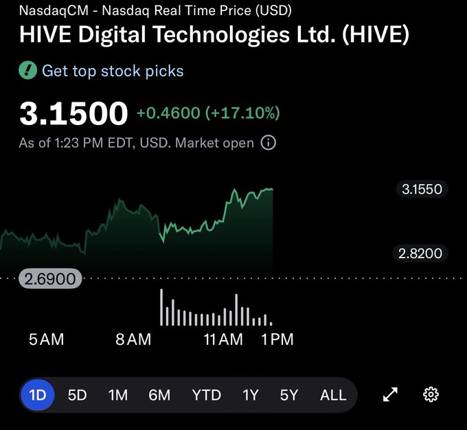 A Google Finance chart shows HIVE Digital Technologies Ltd. (HIVE) stock at $3.1500, up $0.4600 (+17.10%) as of 1:23 PM EDT on the NasdaqCM exchange, with the intraday line graph illustrating a sharp upward surge from $2.69 to $3.155—visually reflecting the post's claim that "HIVE is buzzing."
