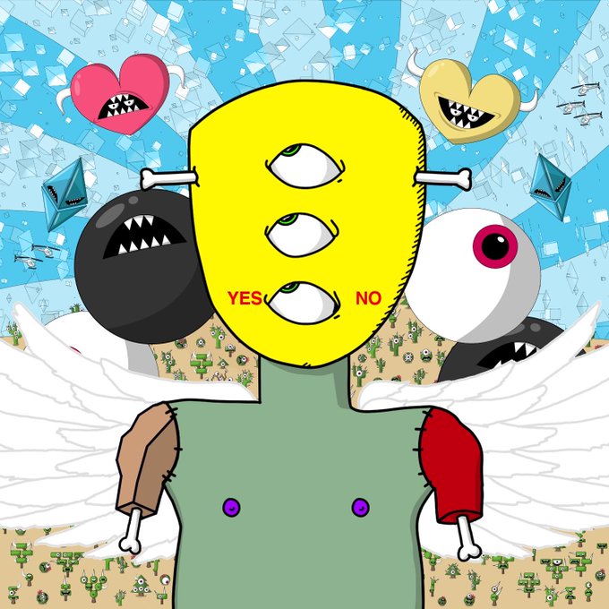 A surreal digital illustration features a figure with three stacked eyes and wing-like arms, set against a sky filled with flying diamonds, a pink heart, and a yellow heart, with a green YES and red NO button on the central eye.
