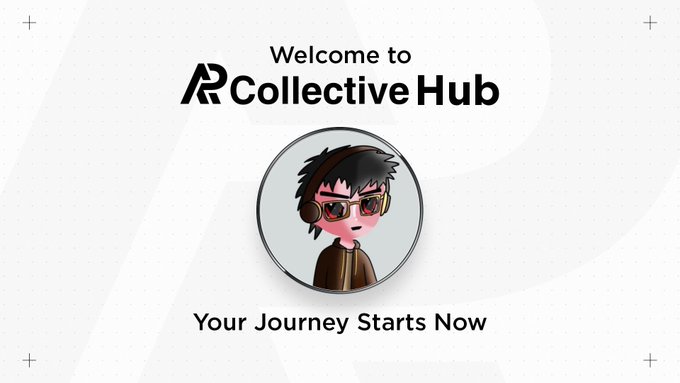 A welcome graphic for "Collective Hub" featuring an anime-style avatar of a person with glasses and headphones, captioned "Your Journey Starts Now," celebrating the creator's successful acceptance into the AP Collective Creator Hub after previous rejections.