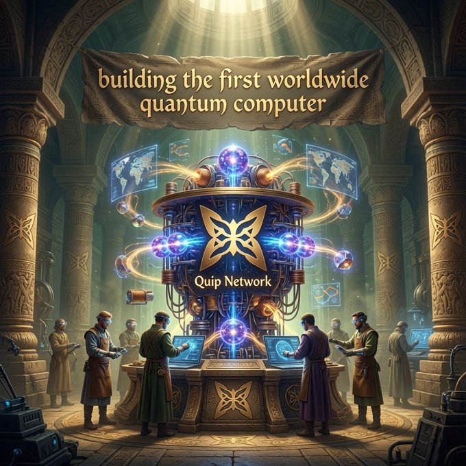 The image features a group of people gathered around a large, intricate machine with blue and gold colors. The machine appears to be a complex structure that resembles a computer or a network server. There are at least six individuals present in the scene, all focused on the machine they're working on. They seem to be collaborating on a project related to building the first worldwide quantum computer.