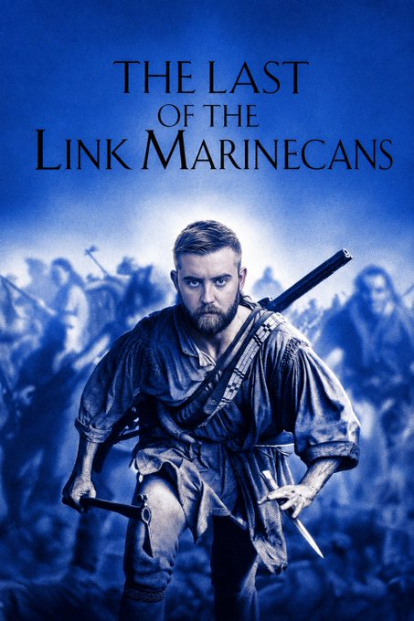 The image is a book-style cover featuring a bearded warrior holding a battle axe and knife, with the title "THE LAST OF THE LINK MARINECANS" displayed prominently above him. The post's question "Are you the last of the $LINK Marines, anon?" directly references the cover's title, with "LINK Marines" likely referring to fans/holders of the Chainlink ($LINK) cryptocurrency.
