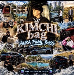 A collage-like promotional poster prominently reads “KIMCHI bag” and “AURA FINAL BOSS,” surrounded by small action and luxury-car images.