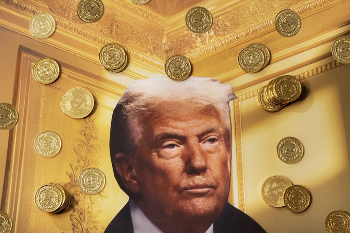 A composite image featuring Donald Trump's face in the foreground with an ornate gold-decorated room and numerous cryptocurrency-style gold coins floating in the background.