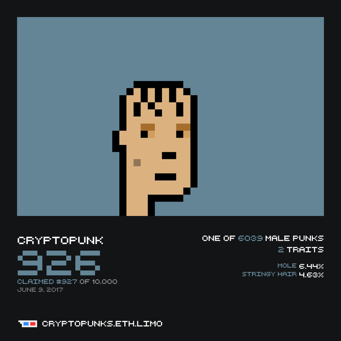 CryptoPunk #926, one of 6039 male punks with 2 traits (mole 6.44% and stringy hair 4.63%), claimed #927 of 10,000 on June 3, 2017, from cryptopunks.eth.limo.