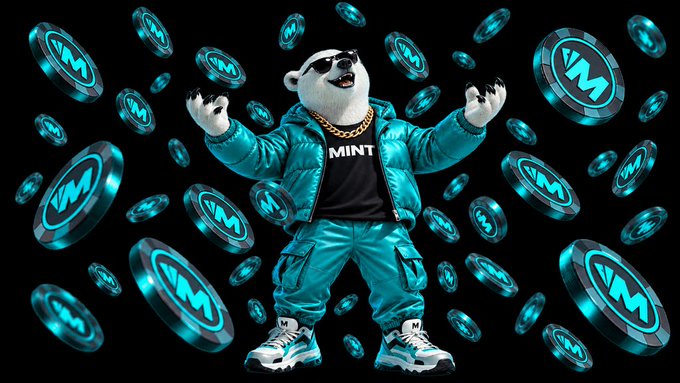 A cartoon bear wearing sunglasses, a gold chain, and a blue 'MINT' tracksuit stands surrounded by floating blue 'M' coins.