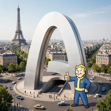 A Vault Boy thumbs-up next to a crumbling arc monument in Paris, illustrating the post's warning that Arc's $46,672.35 USDC liquidity is pitifully small while 142 tokens are already battling over scraps.