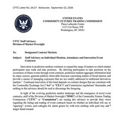 The image shows a CFTC (Commodity Futures Trading Commission) staff advisory letter dated April 20, 2020, addressed to Designated Contract Markets, warning about "Event Contracts" and highlighting heightened risks of manipulation associated with certain event-based contracts. This directly relates to the accompanying post about the CFTC's warning regarding prediction market bets on word mentions or event attendance, which falls under the event contracts category discussed in the advisory.