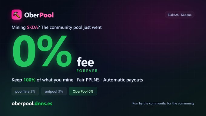 An advertisement for 'OberPool' on 'Blake2S - Kadena' promoting '0% fee FOREVER' for mining $KDA, contrasting with poolflare's 2% and antpool's 3% fees.