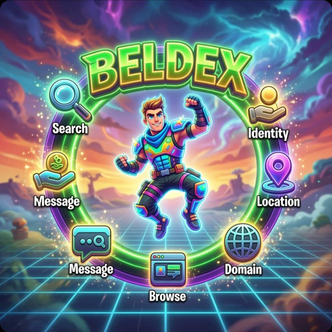 A vibrant, colorful graphic for 'BELDEX' featuring a superhero character in the center surrounded by icons labeled Search, Message, Identity, Location, Domain, and Browse against a futuristic neon background.