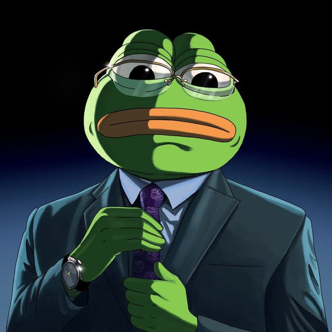 An illustration of the Pepe the Frog meme character wearing glasses, a suit, and a patterned tie, adjusting his tie.