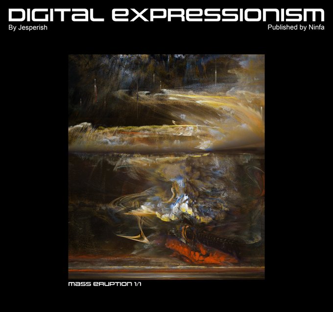 The cover features the title "DIGITAL EXPRESSIONISM" by Jesperish, published by Ninfa, showcasing the artwork "mass eruption 1/1" — a turbulent, abstract digital painting with swirling earthy tones of brown, gold, and orange against dark stormy hues, evoking a chaotic volcanic or atmospheric scene that visually embodies the collection's expressive theme.