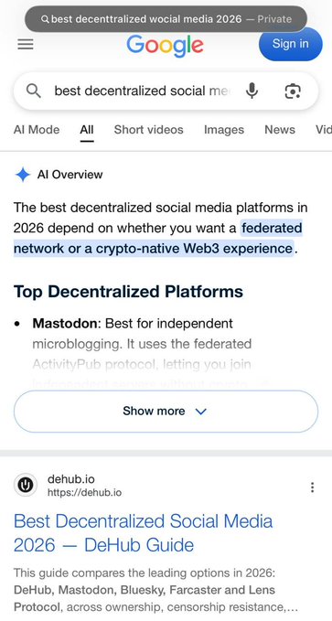 A Google mobile search result for "best decentralized social media 2026" showing an AI Overview that highlights Mastodon as a top platform and recommends DeHub's guide comparing DeHub, Mastodon, Bluesky, Farcaster, and Lens Protocol.
