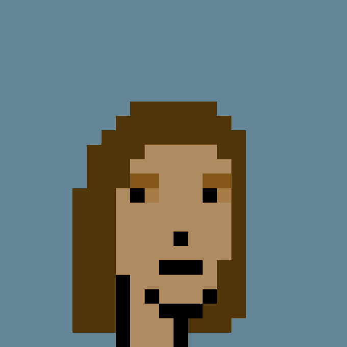A pixelated portrait of a brown-haired character with a neutral expression against a blue background, representing CryptoPunk #1583, which was recently purchased for 32.23 ETH ($60,195 USD).