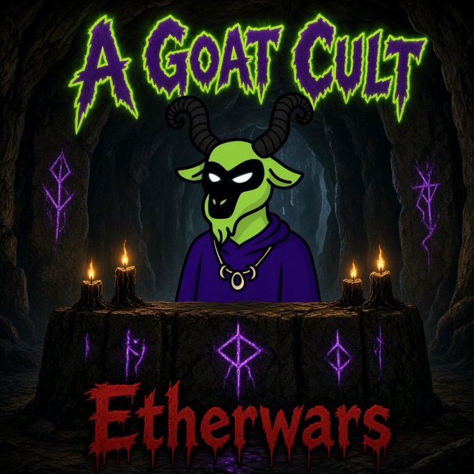 An illustration titled 'A GOAT CULT Etherwars' featuring a green goat-headed figure in a purple robe at a stone altar with candles in a cave setting.