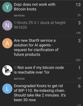 A screenshot of a forum discussion, likely Nostr, featuring topics about Bitcoin Knots, Dojo, Start9 service, and Tor connectivity.